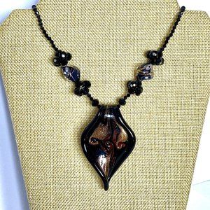 EL Erica Lyons Blown Art Glass Black Gold Large Pendant Crystals Beaded Necklace